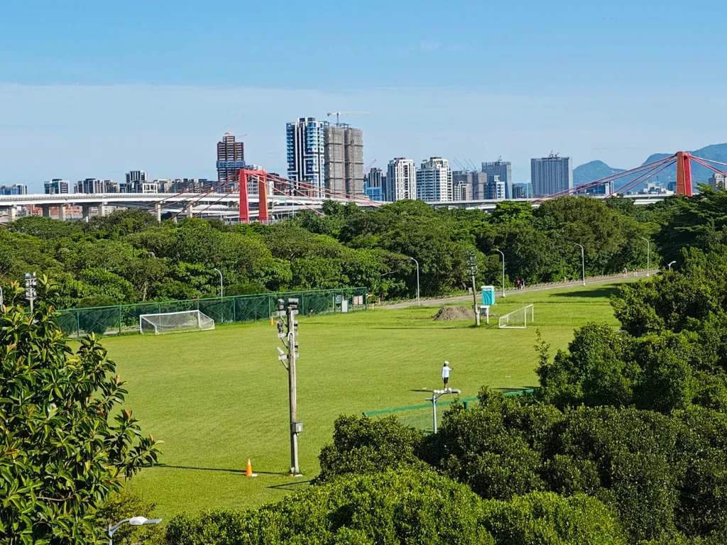 Terrain de football avec des buts et des arbres verts au bord de la rivière à Taipei, vu depuis une colline voisine